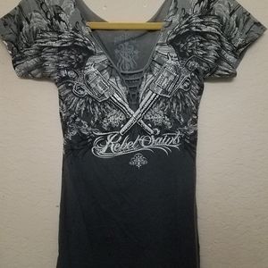 Rebel saints sexy cleavage T-shirt guns crystals